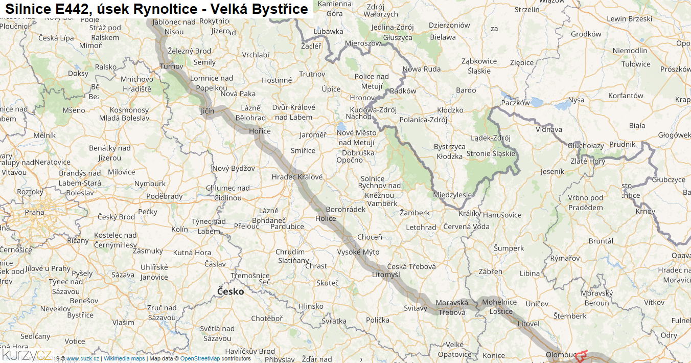 Úsek Rynoltice - Velká Bystřice, Silnice E442 - Mapa