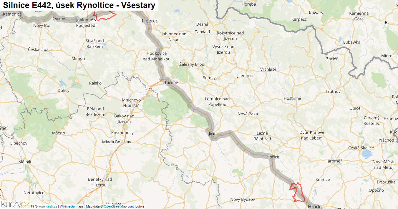 Úsek Rynoltice - Všestary, Silnice E442 - Mapa