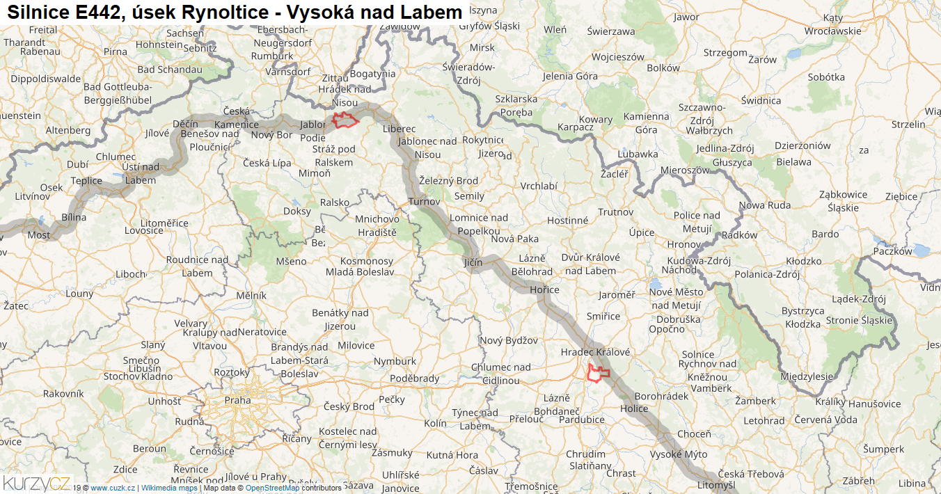 Úsek Rynoltice - Vysoká nad Labem, Silnice E442 - Mapa