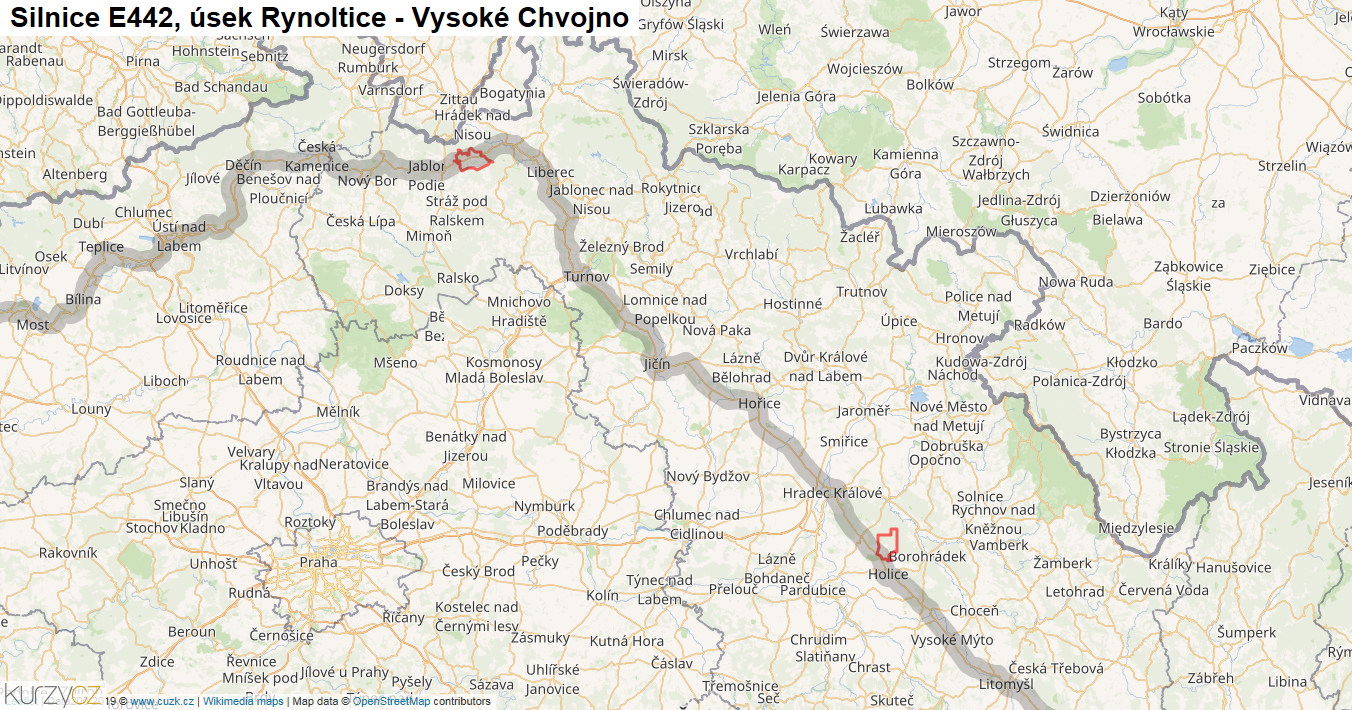 Úsek Rynoltice - Vysoké Chvojno, Silnice E442 - Mapa
