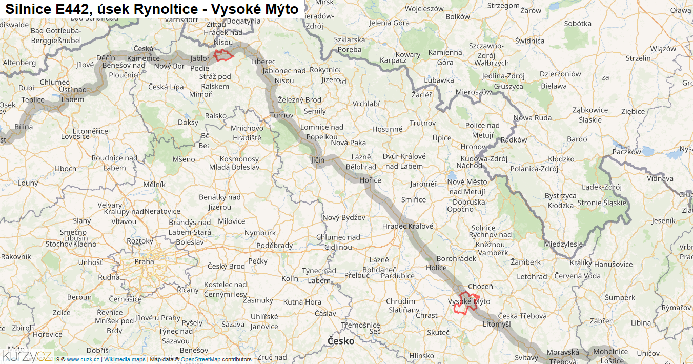 Úsek Rynoltice - Vysoké Mýto, Silnice E442 - Mapa
