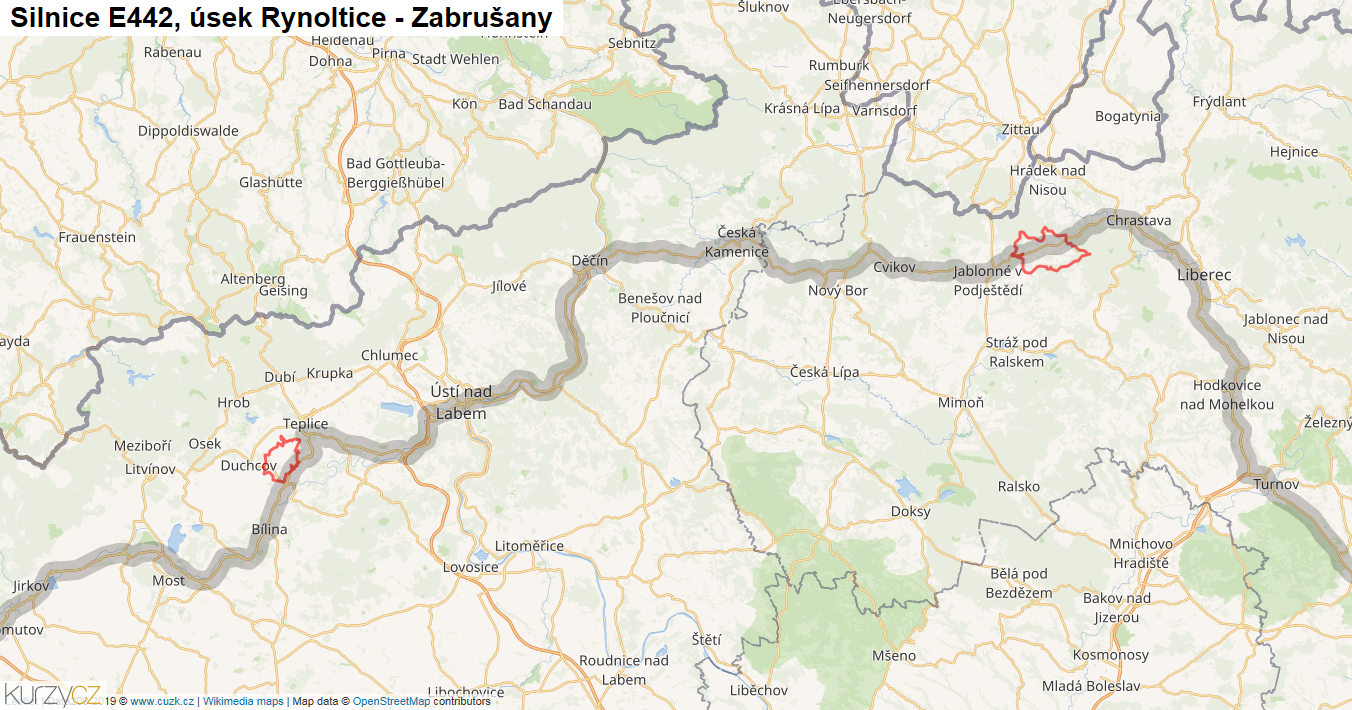 Úsek Rynoltice - Zabrušany, Silnice E442 - Mapa