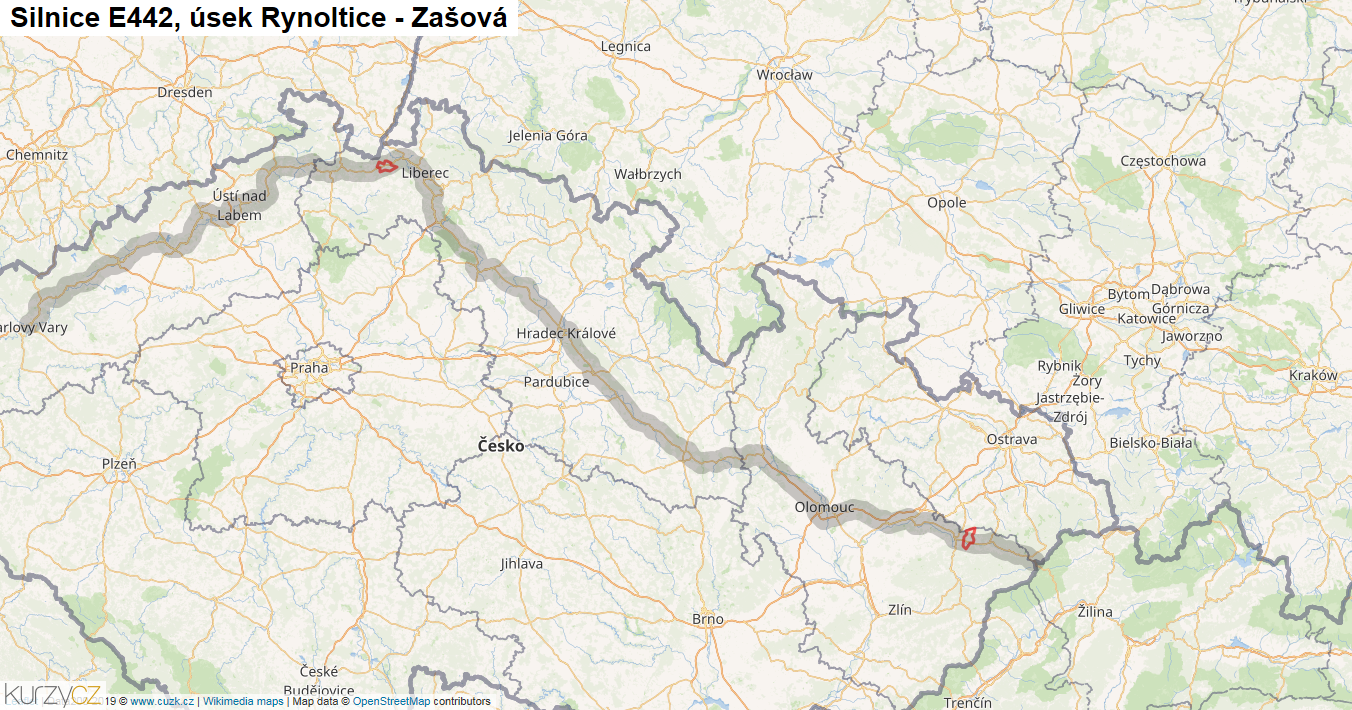 Úsek Rynoltice - Zašová, Silnice E442 - Mapa