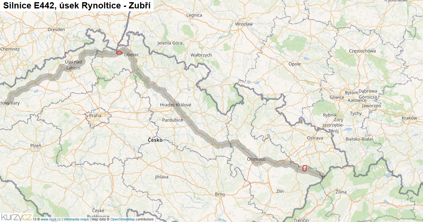 Úsek Rynoltice - Zubří, Silnice E442 - Mapa