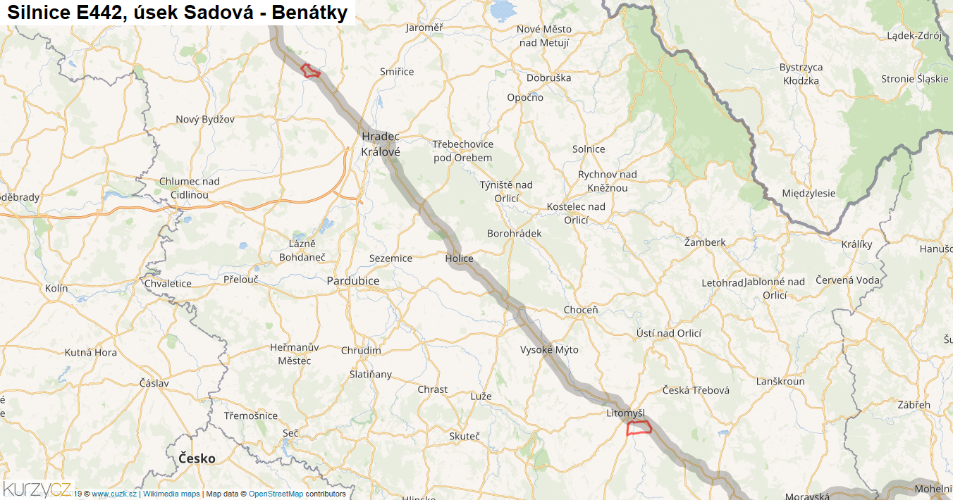 Úsek Sadová - Benátky, Silnice E442 - Mapa