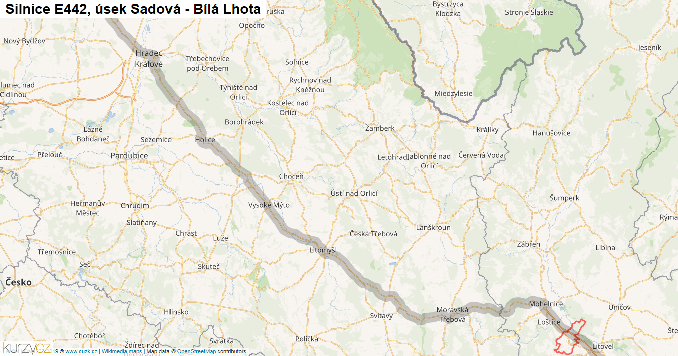 Úsek Sadová - Bílá Lhota, Silnice E442 - Mapa