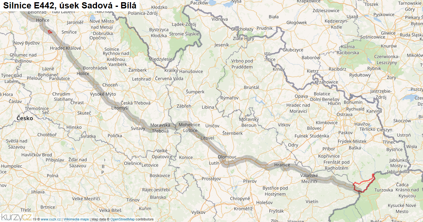 Úsek Sadová - Bílá, Silnice E442 - Mapa