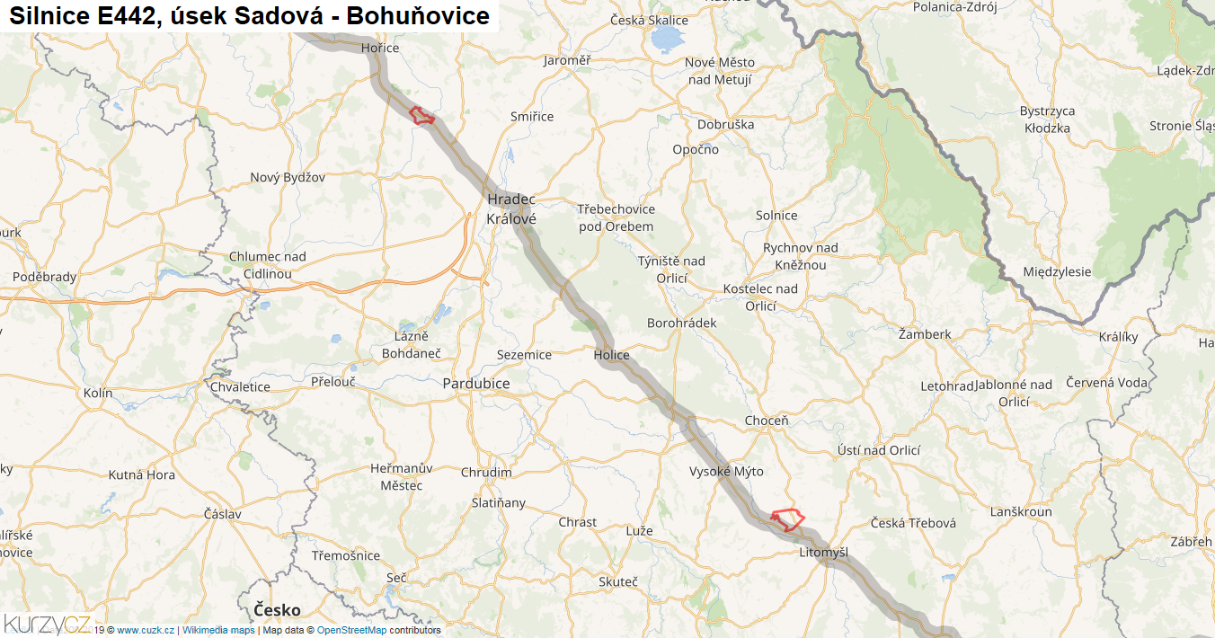 Úsek Sadová - Bohuňovice, Silnice E442 - Mapa