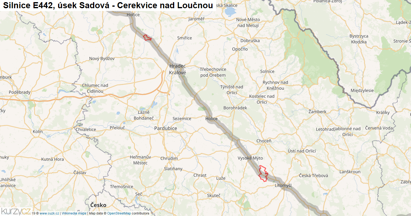Úsek Sadová - Cerekvice nad Loučnou, Silnice E442 - Mapa