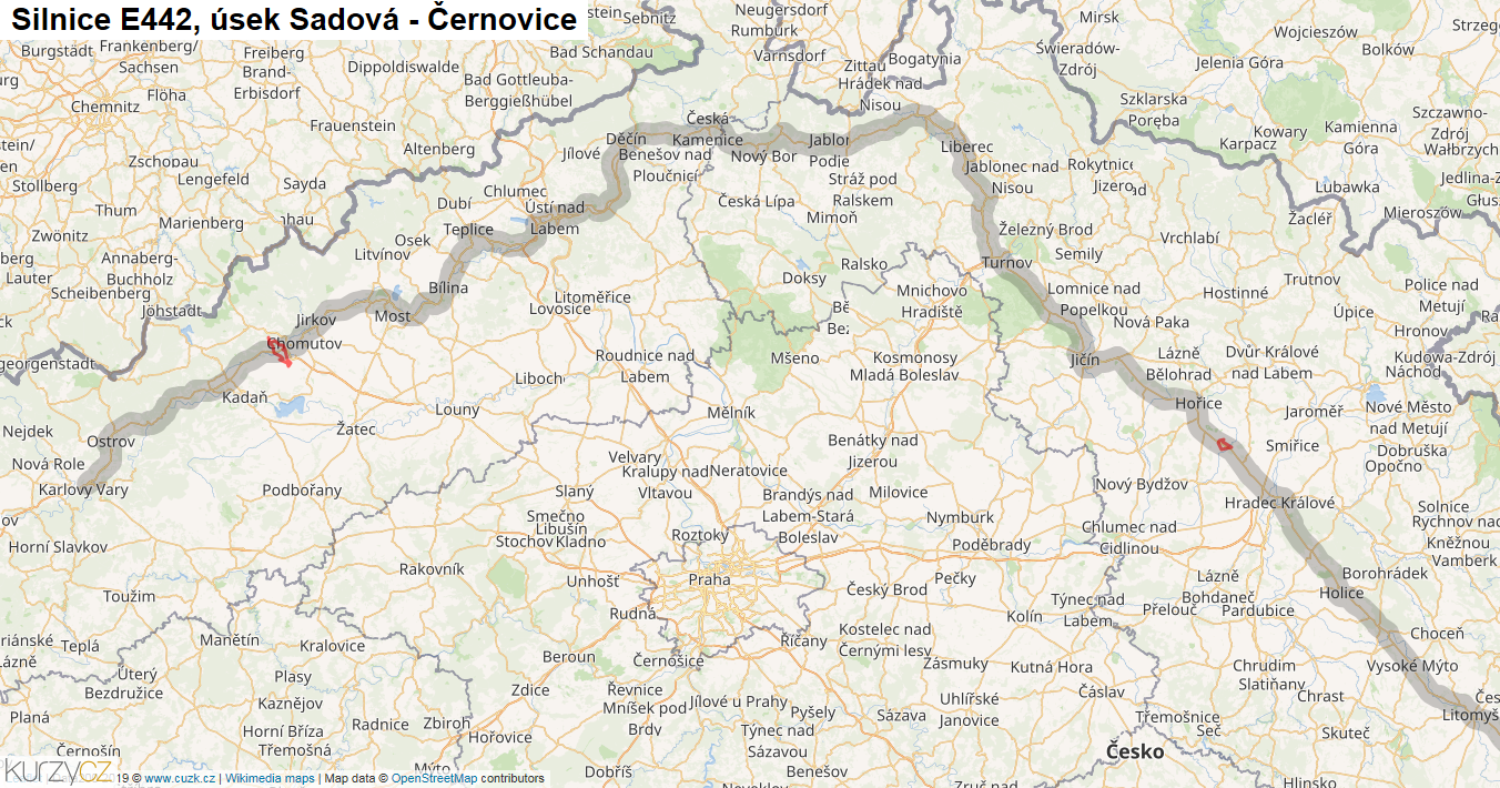 Úsek Sadová - Černovice, Silnice E442 - Mapa