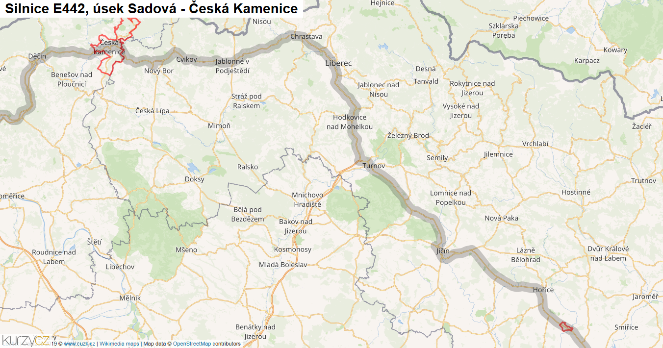 Úsek Sadová - Česká Kamenice, Silnice E442 - Mapa