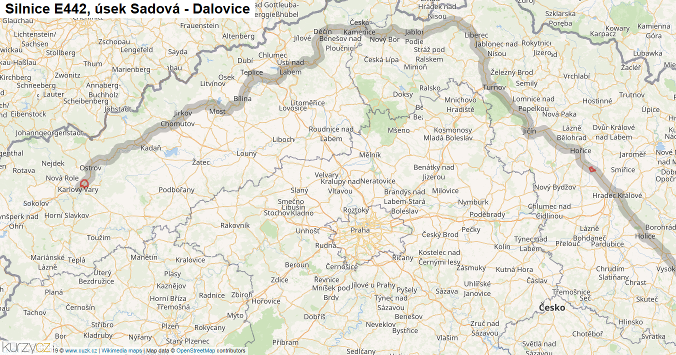 Úsek Sadová - Dalovice, Silnice E442 - Mapa