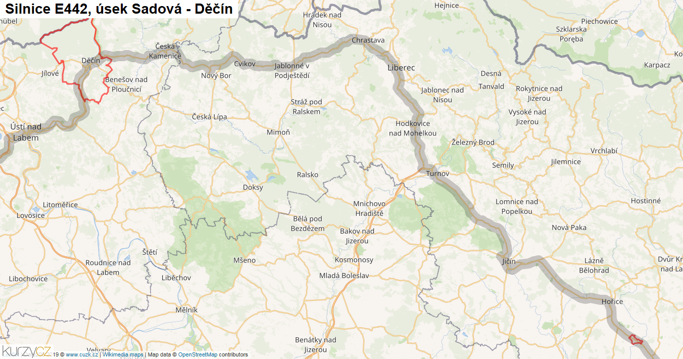 Úsek Sadová - Děčín, Silnice E442 - Mapa