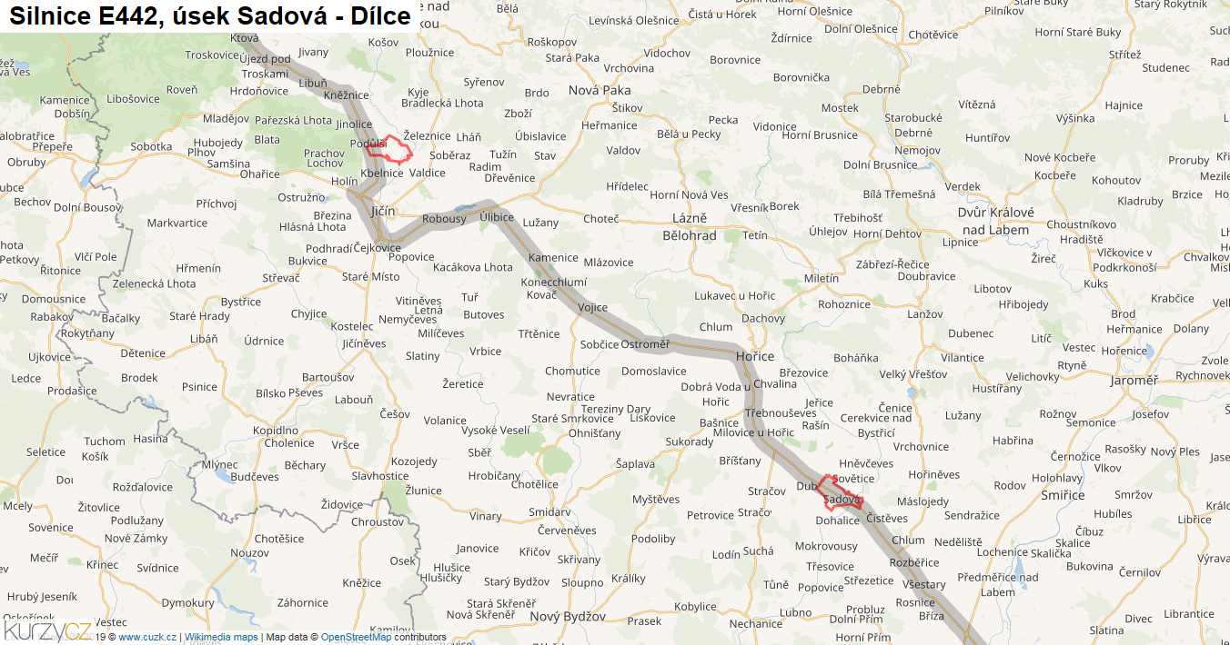 Úsek Sadová - Dílce, Silnice E442 - Mapa