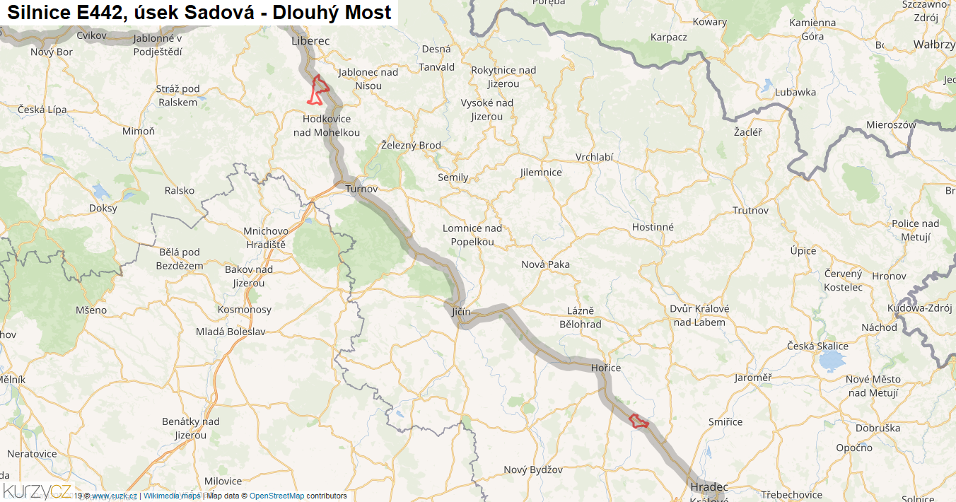 Úsek Sadová - Dlouhý Most, Silnice E442 - Mapa