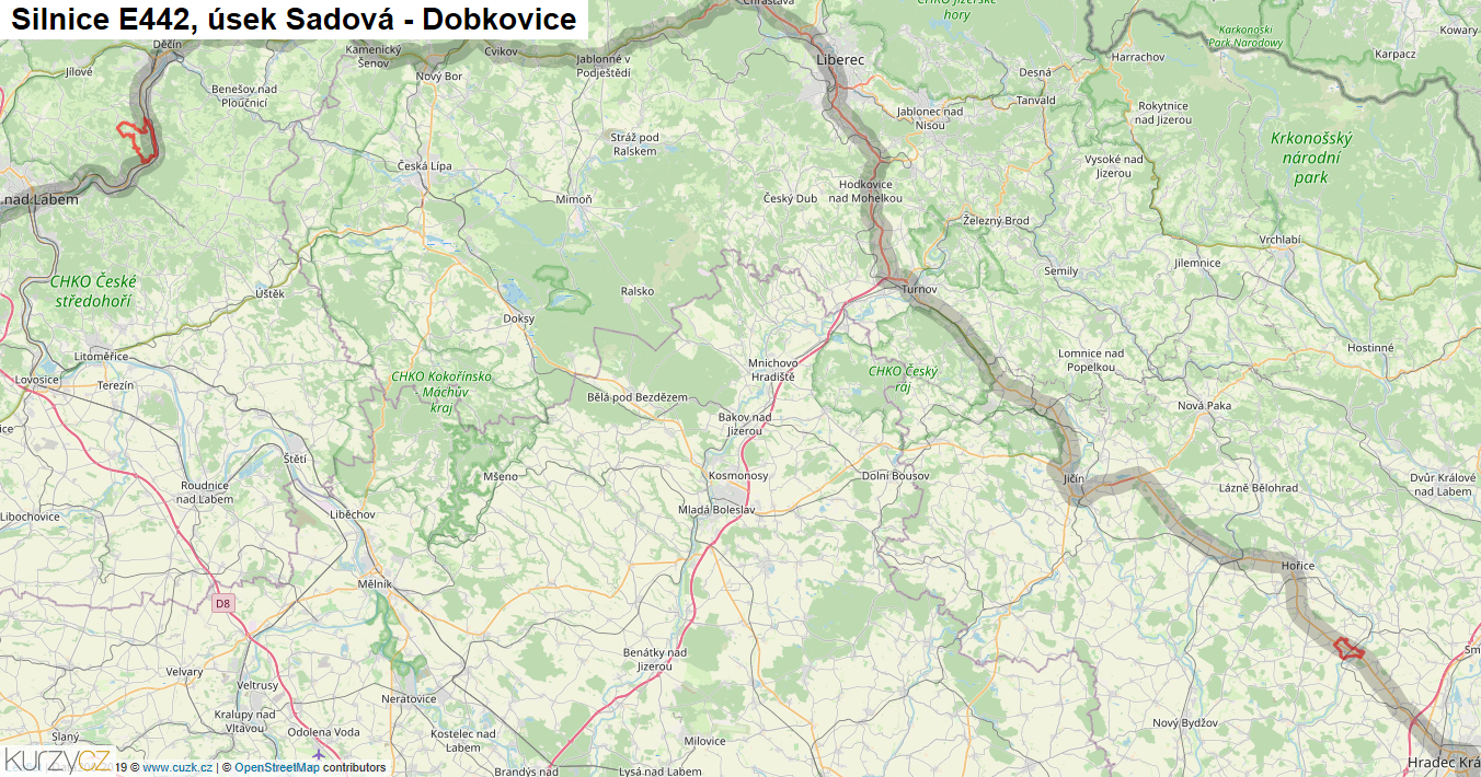 Úsek Sadová - Dobkovice, Silnice E442 - Mapa