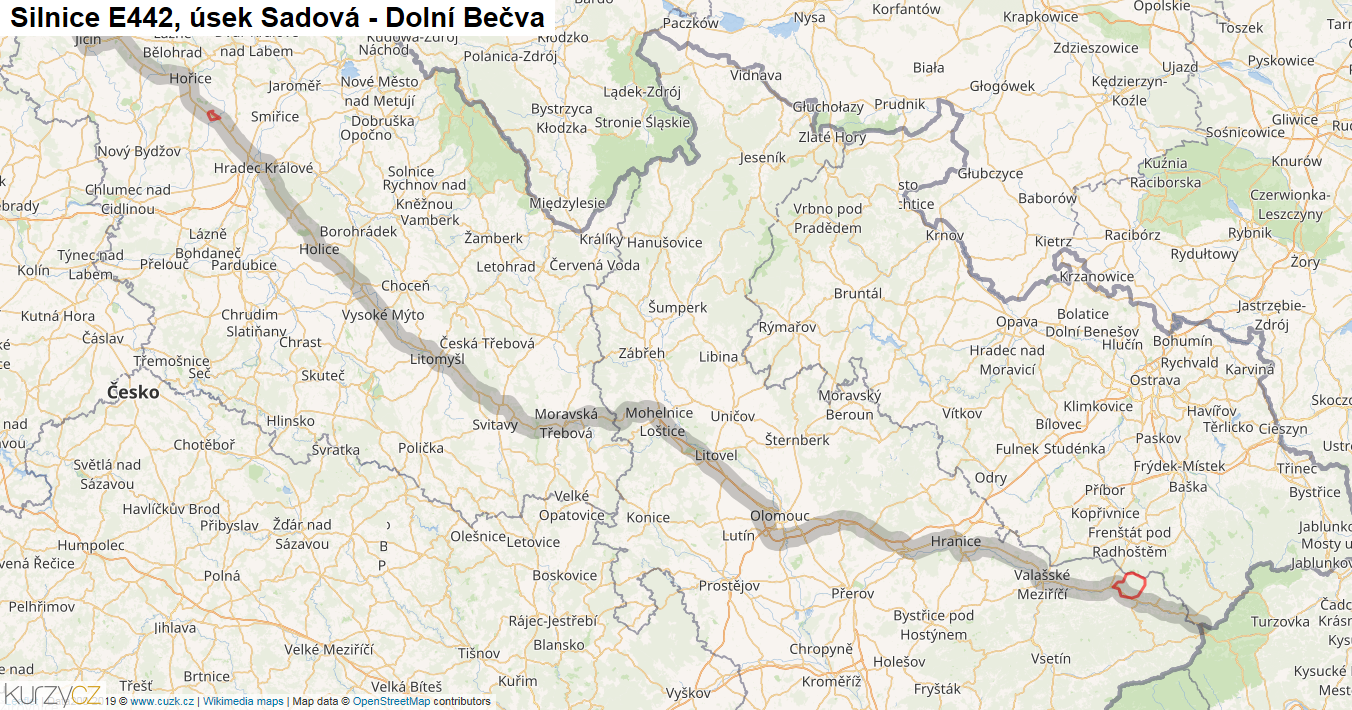 Úsek Sadová - Dolní Bečva, Silnice E442 - Mapa