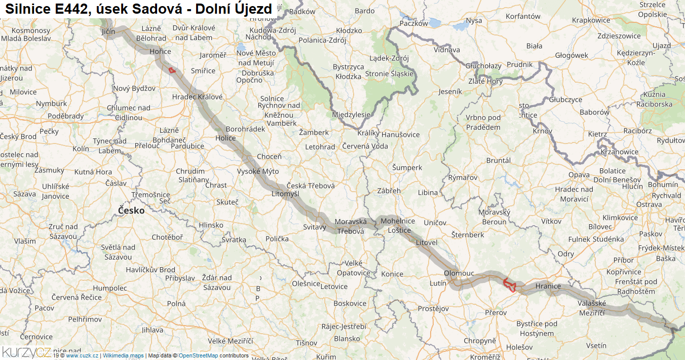 Úsek Sadová - Dolní Újezd, Silnice E442 - Mapa