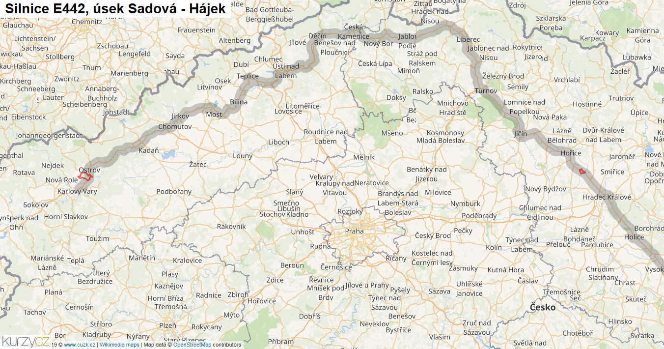 Úsek Sadová - Hájek, Silnice E442 - Mapa