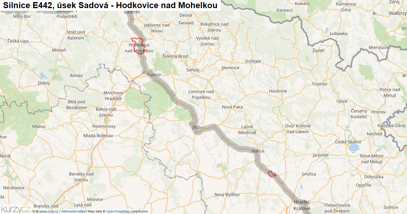 Úsek Sadová - Hodkovice nad Mohelkou, Silnice E442 - Mapa