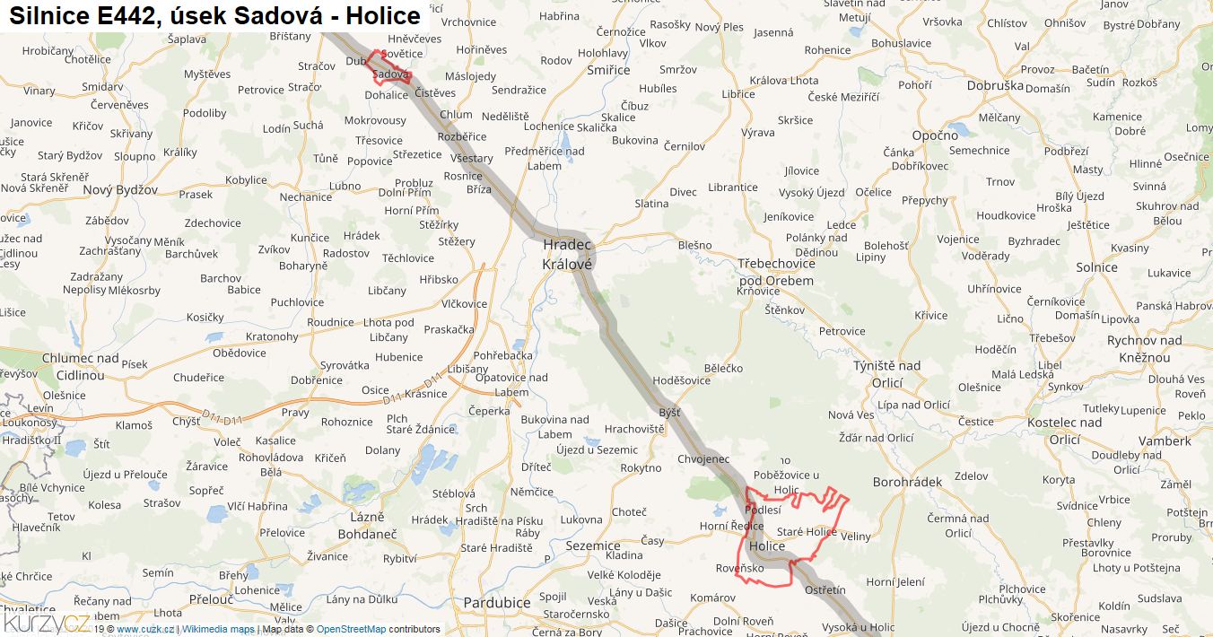 Úsek Sadová - Holice, Silnice E442 - Mapa