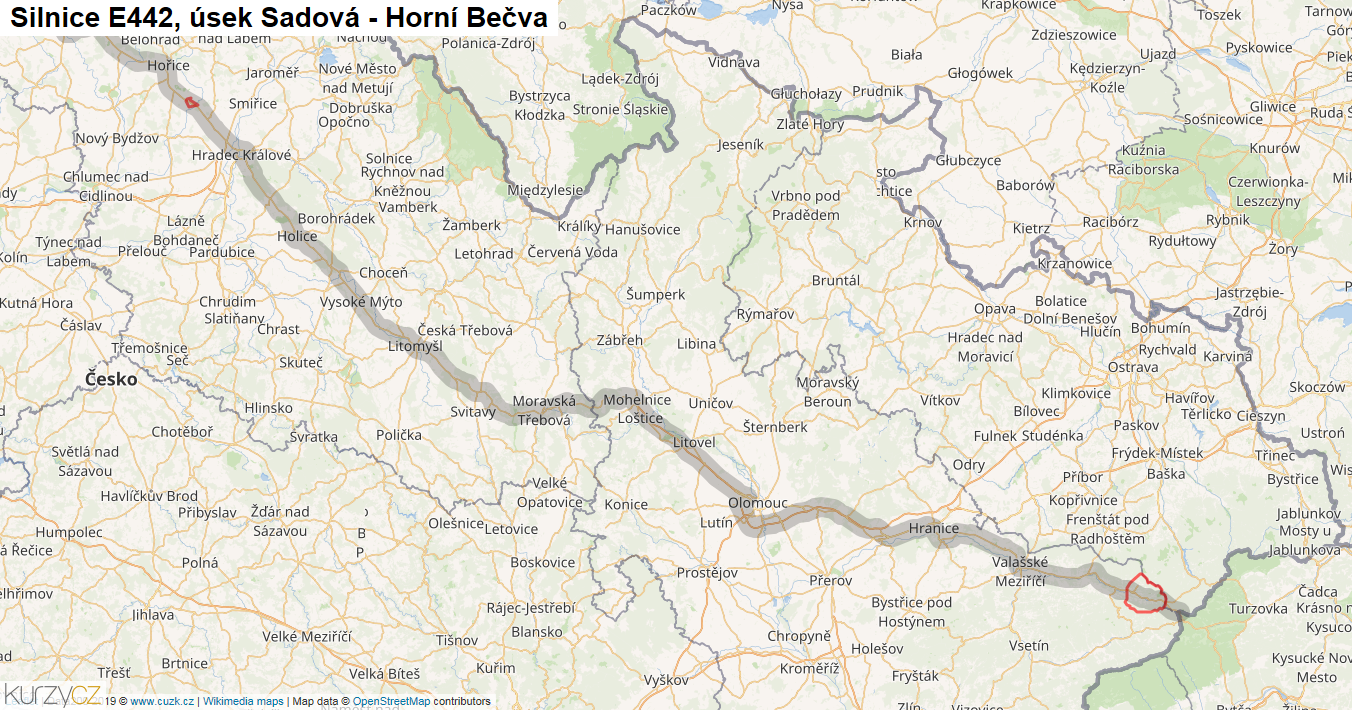 Úsek Sadová - Horní Bečva, Silnice E442 - Mapa
