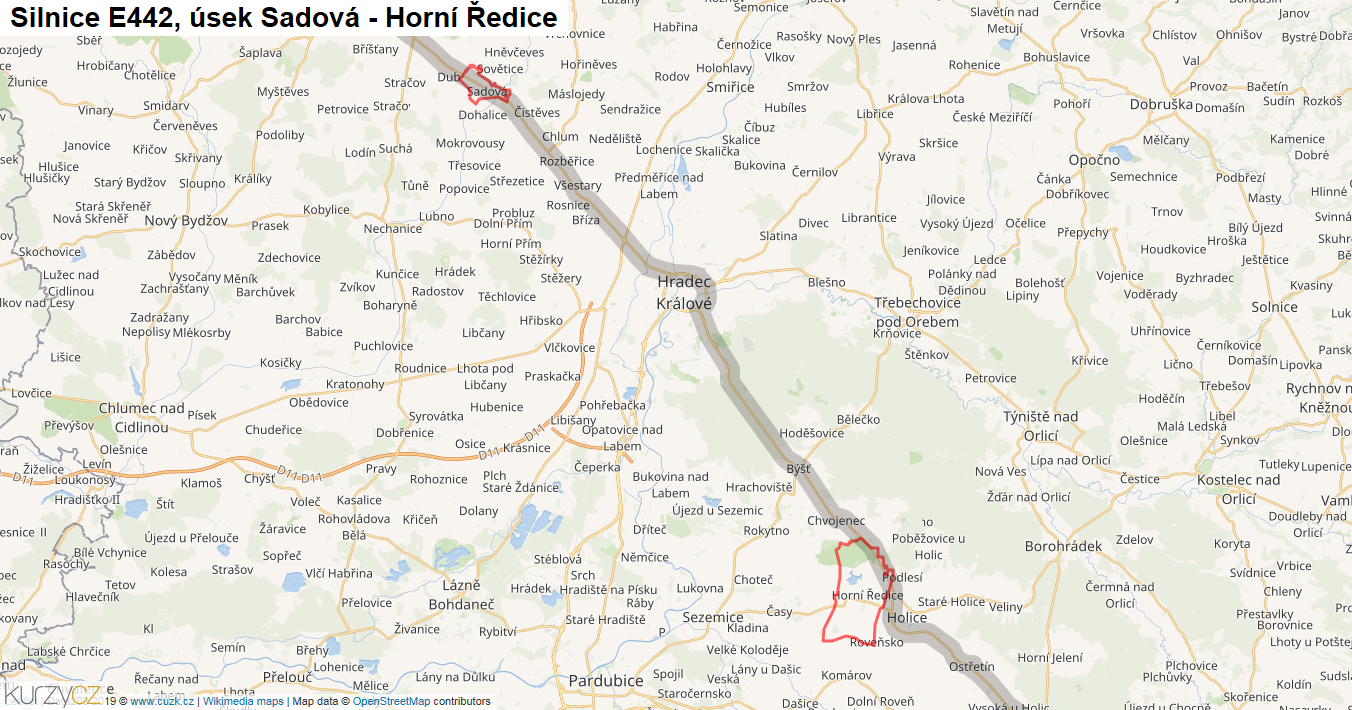 Úsek Sadová - Horní Ředice, Silnice E442 - Mapa
