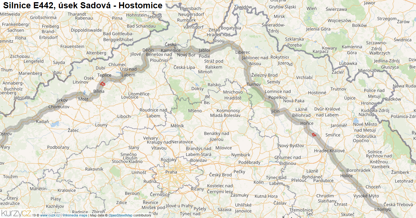 Úsek Sadová - Hostomice, Silnice E442 - Mapa
