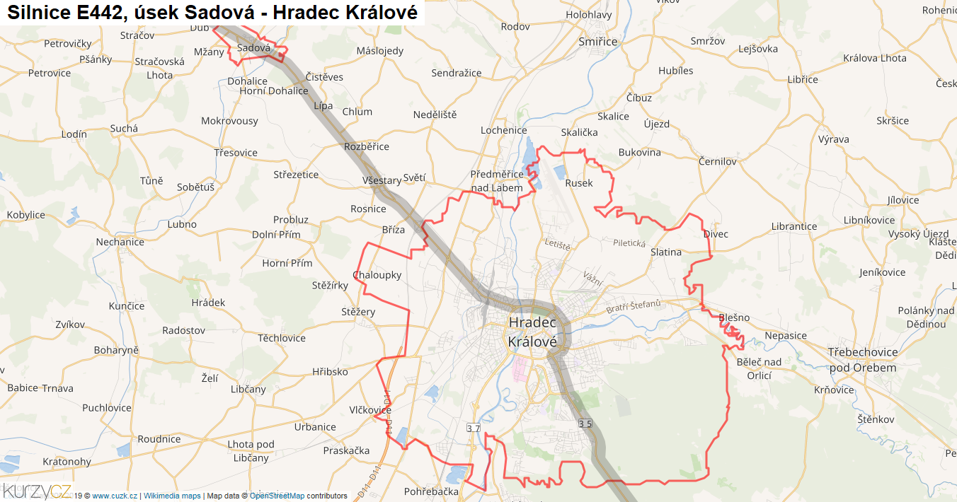 Úsek Sadová - Hradec Králové, Silnice E442 - Mapa