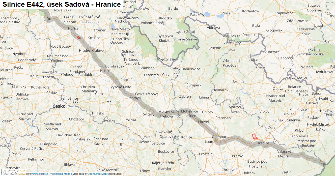 Úsek Sadová - Hranice, Silnice E442 - Mapa