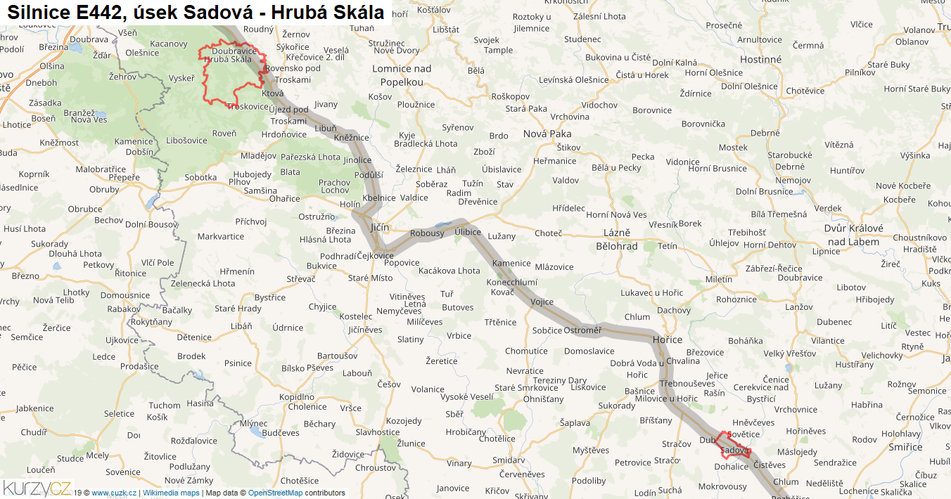 Úsek Sadová - Hrubá Skála, Silnice E442 - Mapa