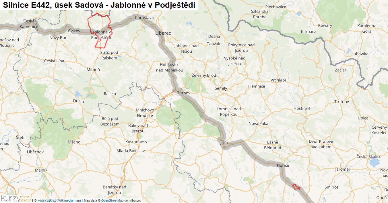 Úsek Sadová - Jablonné v Podještědí, Silnice E442 - Mapa
