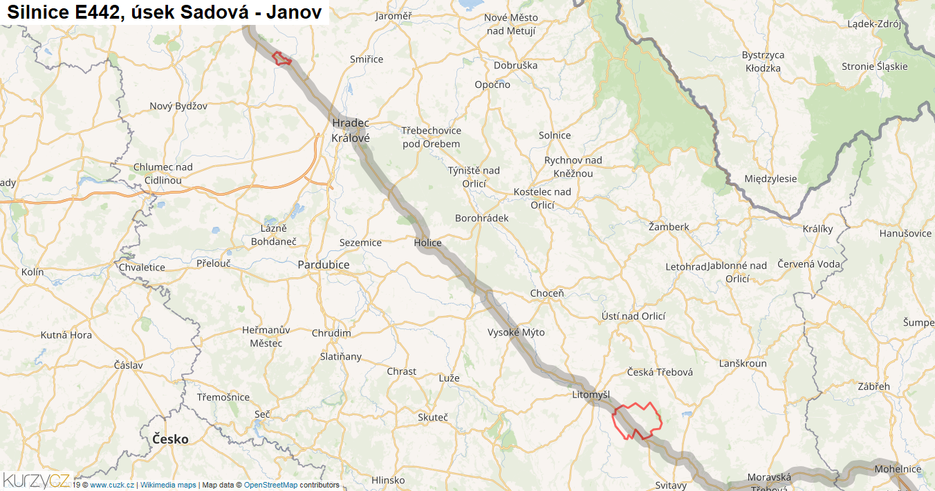 Úsek Sadová - Janov, Silnice E442 - Mapa