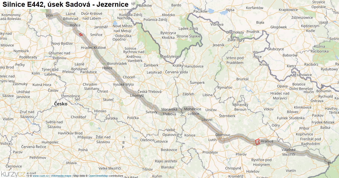 Úsek Sadová - Jezernice, Silnice E442 - Mapa