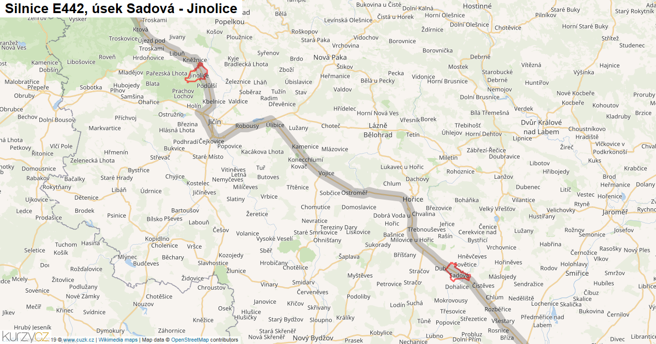Úsek Sadová - Jinolice, Silnice E442 - Mapa