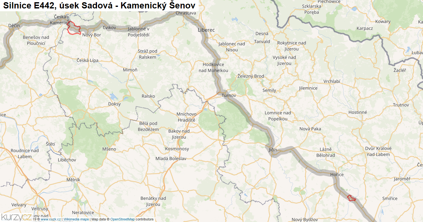 Úsek Sadová - Kamenický Šenov, Silnice E442 - Mapa