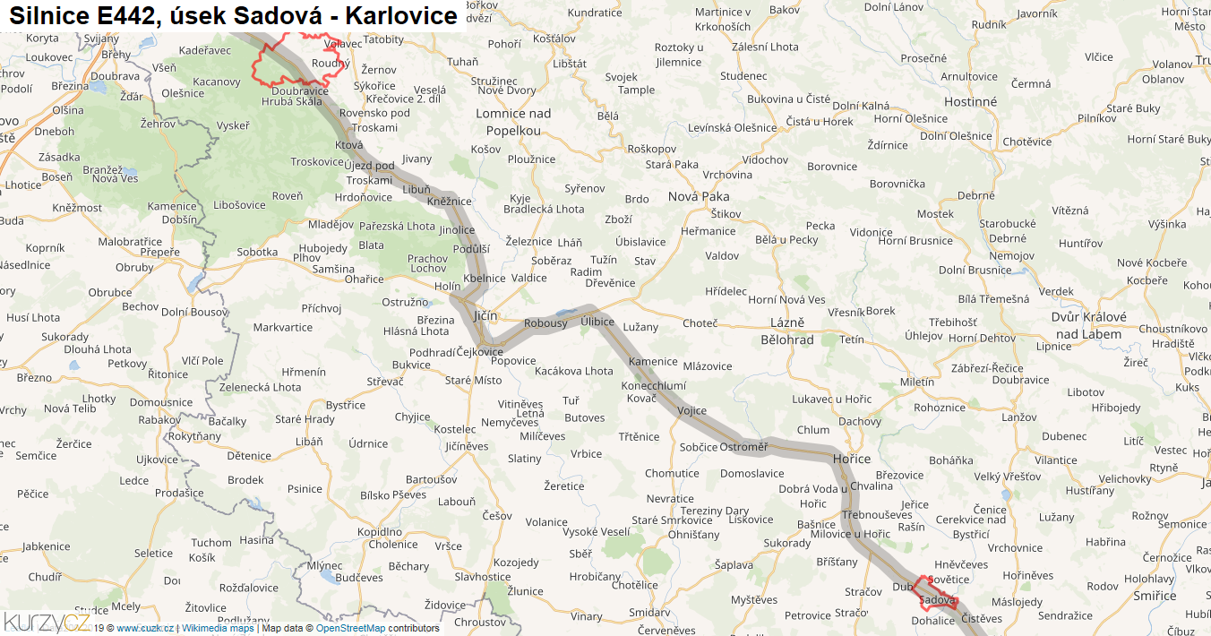 Úsek Sadová - Karlovice, Silnice E442 - Mapa