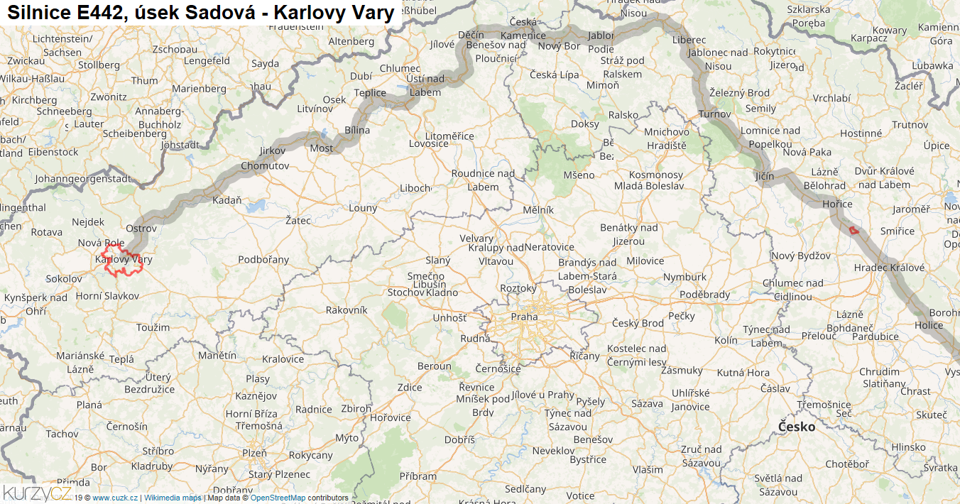Úsek Sadová - Karlovy Vary, Silnice E442 - Mapa