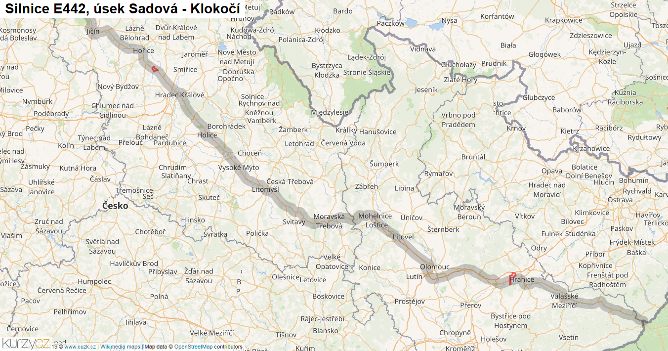 Úsek Sadová - Klokočí, Silnice E442 - Mapa