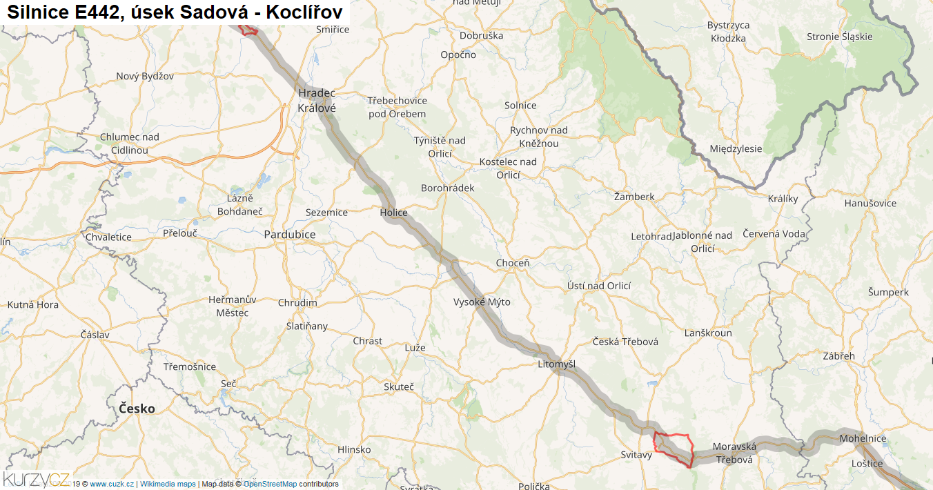 Úsek Sadová - Koclířov, Silnice E442 - Mapa