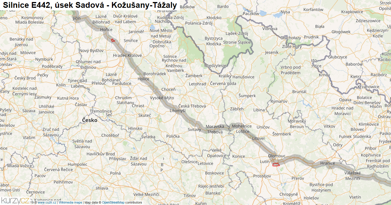 Úsek Sadová - Kožušany-Tážaly, Silnice E442 - Mapa