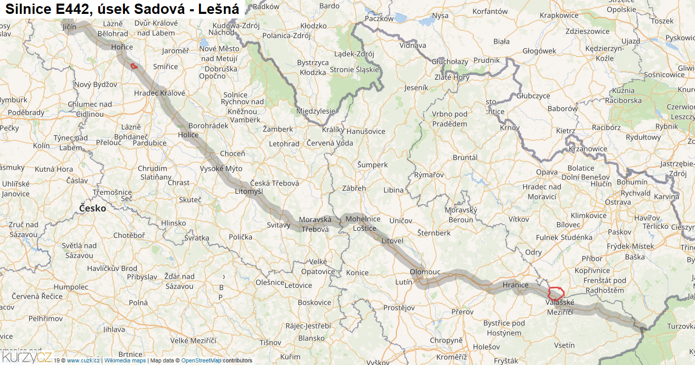 Úsek Sadová - Lešná, Silnice E442 - Mapa