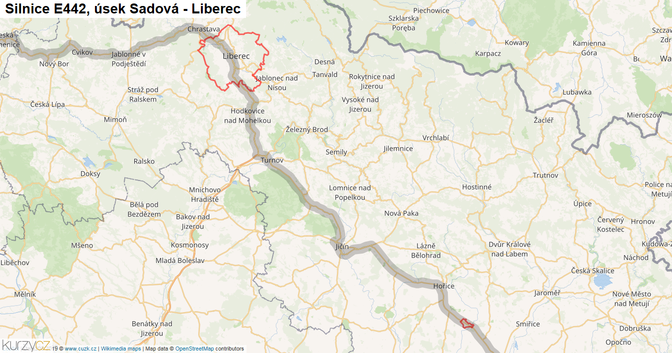 Úsek Sadová - Liberec, Silnice E442 - Mapa