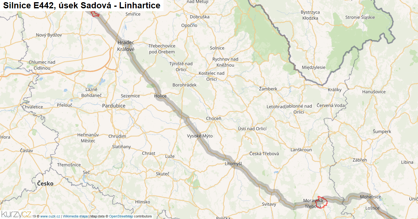 Úsek Sadová - Linhartice, Silnice E442 - Mapa