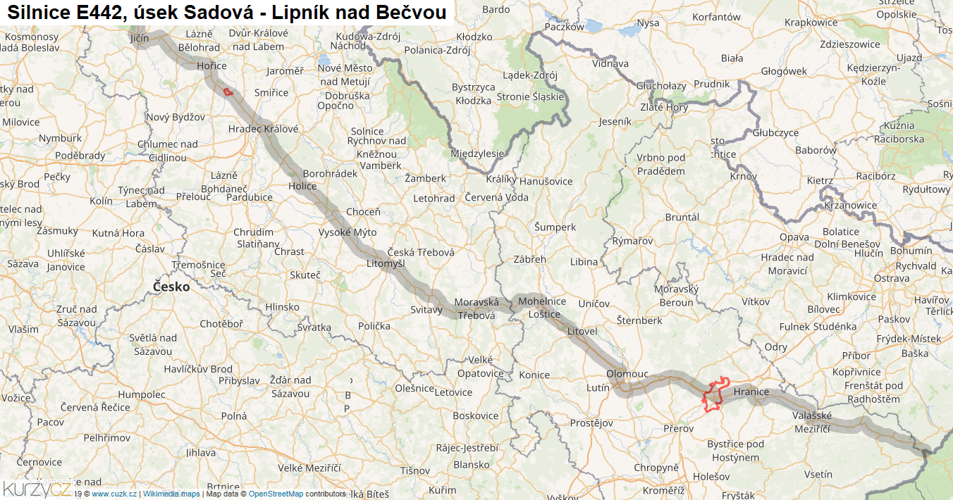 Úsek Sadová - Lipník nad Bečvou, Silnice E442 - Mapa