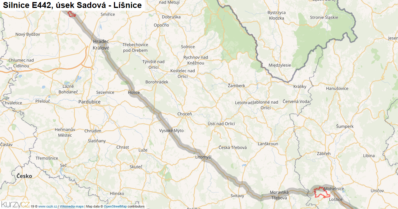 Úsek Sadová - Líšnice, Silnice E442 - Mapa
