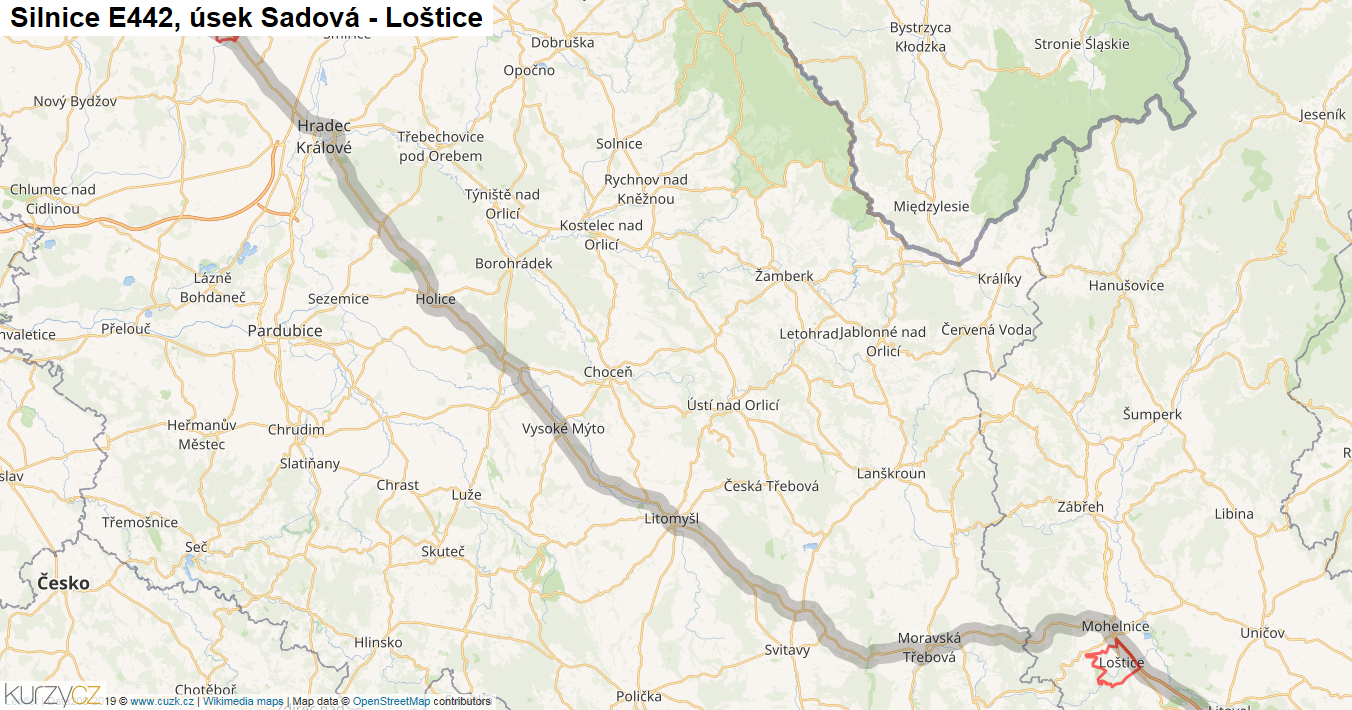Úsek Sadová - Loštice, Silnice E442 - Mapa