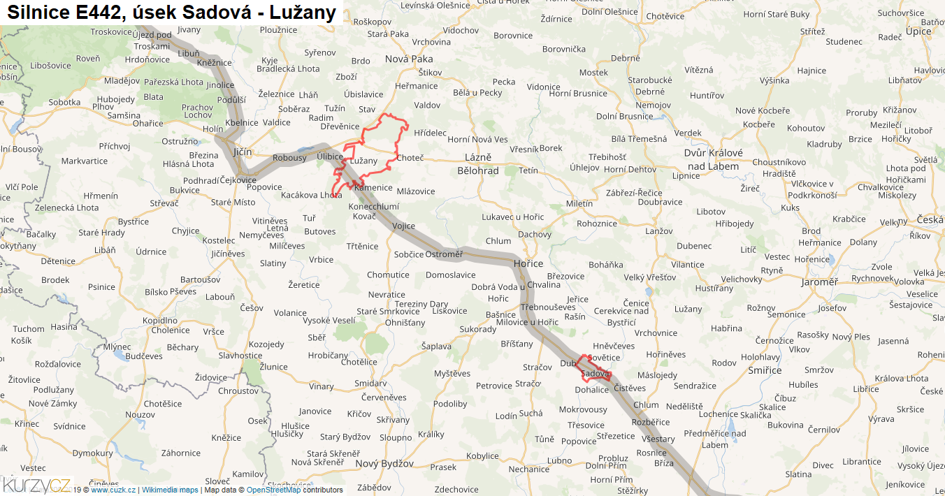 Úsek Sadová - Lužany, Silnice E442 - Mapa