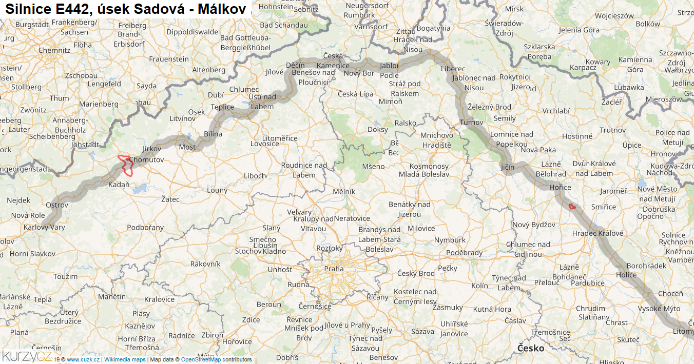 Úsek Sadová - Málkov, Silnice E442 - Mapa