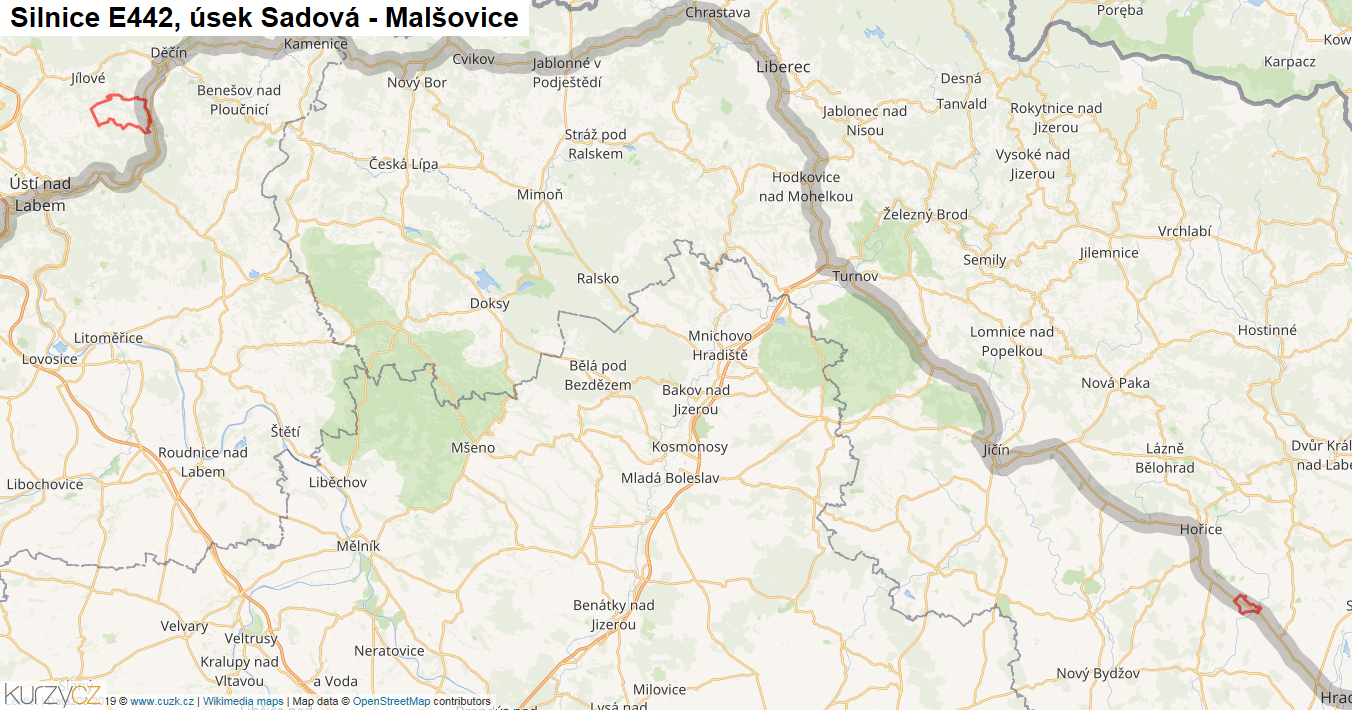 Úsek Sadová - Malšovice, Silnice E442 - Mapa